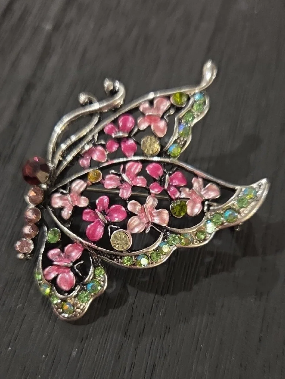 Rucinni Butterfly Floral Pink Enamel And Crystal Brooch
